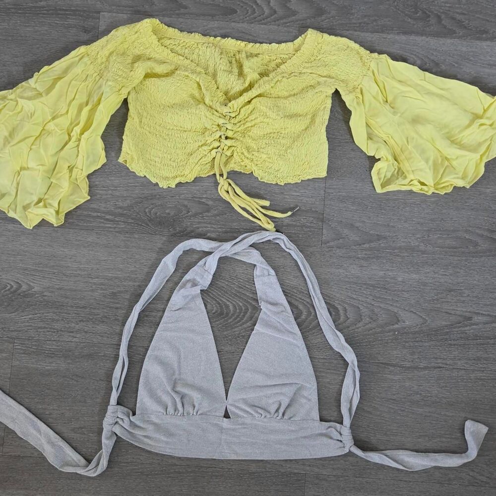 Women's Yellow and Grey Crop-top